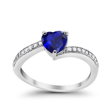 Heart Promise Ring Round Simulated Blue Sapphire CZ 925 Sterling Silver